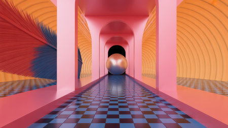A golden sphere sits at the end of a checkered corridor with pink, blue, and yellow walls featuring swirling patterns and arches, creating a vibrant and surreal digital piece.の素材