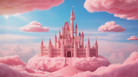 A grand pink castle with multiple towers and turrets floats majestically on pink clouds in a bright blue sky, creating a dreamy and fantastical sceneの素材