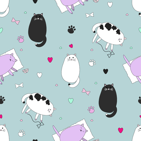 Seamless vector pattern with cats, hearts, tracks and bows on green backgroundのイラスト素材
