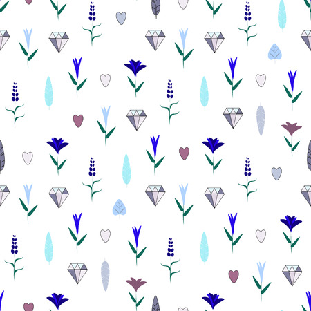 Seamless vector pattern with flowers, hearts, crystals, leaves and feathersのイラスト素材