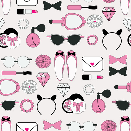 Vector seamless pattern with cosmetics, sunglasses, shoes and jewelry.のイラスト素材