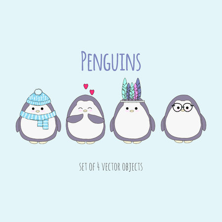 Set of 4 different vector penguins, perfect for stickers, patches etc.のイラスト素材