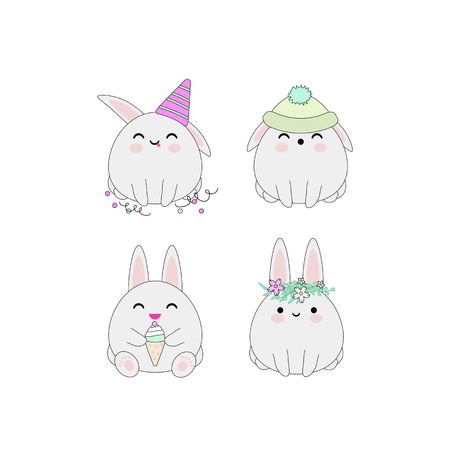 Set of 4 cute rabbits with funny faces.のイラスト素材
