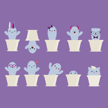 Set of 10 cute cacti with funny faces for stickers.のイラスト素材
