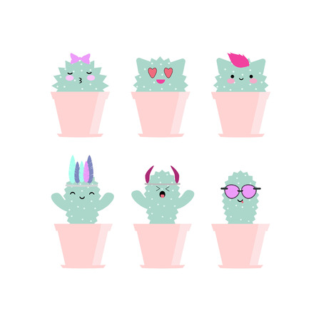 Set of 6 cute cacti with funny faces.のイラスト素材