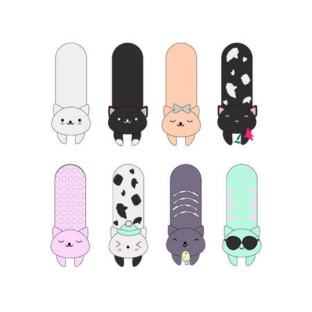 Set of 8 vector cats with funny faces. Perfect for stickers, patches, bookmarks and more.のイラスト素材