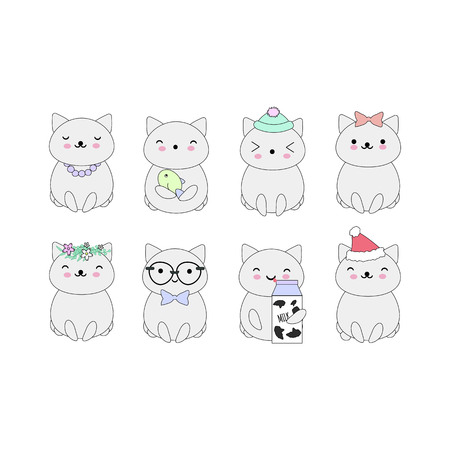 Set of 8 vector kawaii cats, perfect for stickers, patches, etc.のイラスト素材