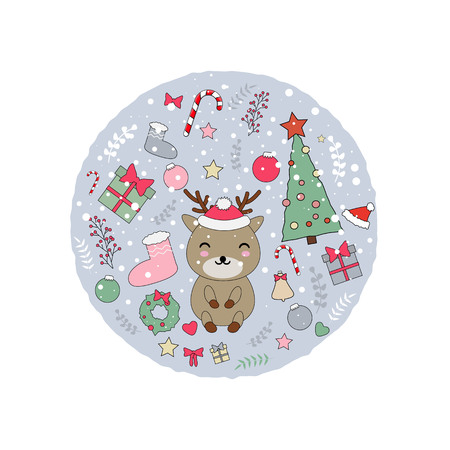 Vector illustration with cute kawaii reindeer and christmas stuff: tree, sweets, holly berry, decorations and toys.のイラスト素材