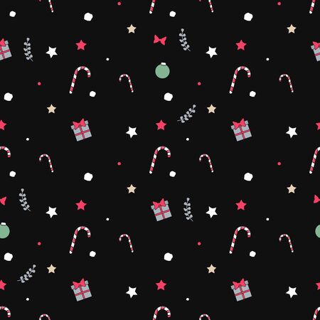 Beautiful christmas seamless vector pattern in dark color palette with traditional xmas things: sweets, stars, gifts and snowflakes, perfect stuff for christmas-inspired ideas.のイラスト素材