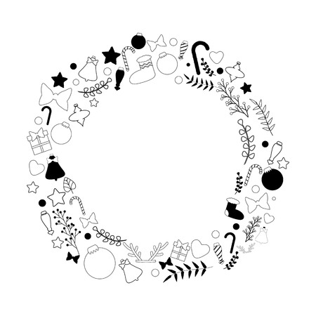 Beautiful vector christmas wreath in black and white color palette with traditional christmas things: sweets, toys, decorations and berries, perfect stuff for christmas-inspired ideas.のイラスト素材