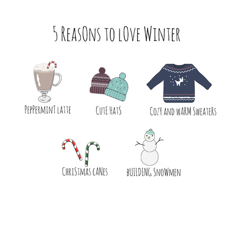 Vector illustration with winter stuff: sweater, coffee, sweets, snowman and hats.のイラスト素材