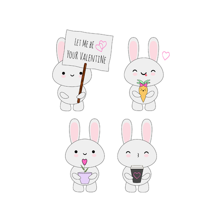 Set of 4 kawaii vector rabbits in Valentine theme, perfect stuff for stickers, patches, greeting cards, etc.のイラスト素材