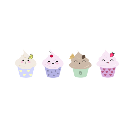 Set of 4 cute kawaii vector cupcakes, good idea for stickers, patches, bullet journaling, etc.のイラスト素材