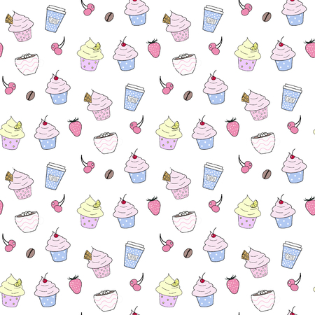 Seamless vector pattern with cupcakes, coffee cups, strawberries, cherries and coffee beans. Good for banners, wrapping paper, scrapbooking, etc.のイラスト素材