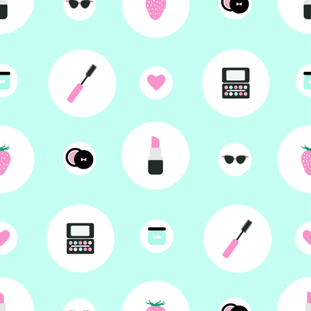Seamless vector pattern with cosmetic products arranged in white circles. Perfect stuff for wrapping papaers, banners, etc.のイラスト素材