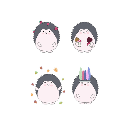 Set of 4 vector hedgehogs with funny faces, good idea for stickers, patches, etc.のイラスト素材