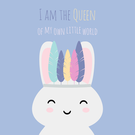 Cute cartoon illustration of bunny wearing crown with text, I am the Queen on my own little world.のイラスト素材