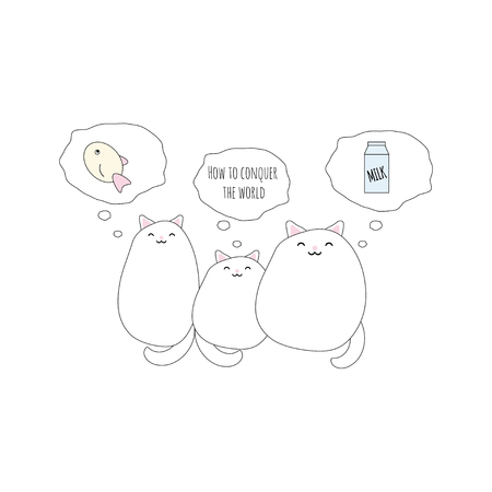 Vector illustration with three cute funny kawaii cats and theirs dreams.Good  for greeting cards, backdrops, etc.のイラスト素材