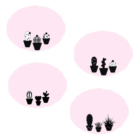 Set of four vector patches with potted succulent plants on pink background, use it for patches, stickers, invitations, lables, etc.のイラスト素材