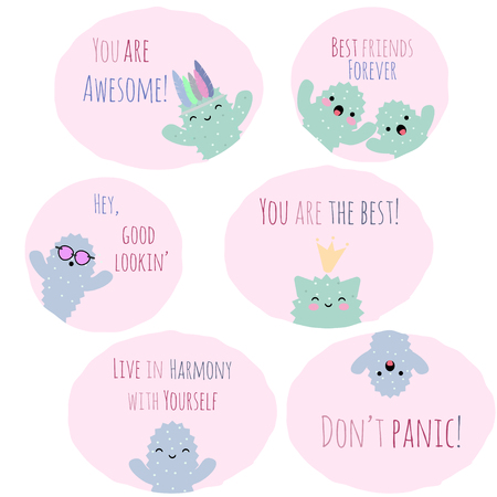Set of six cute vector labels and badges with cacti and text. Perfect for stickers, patches, etc.のイラスト素材