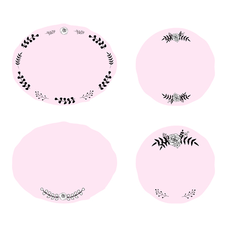 Set of vector patches with cute floral frames and wreaths in girly style. Perfect for stickers, patches, invitations, greeting cards, etc.のイラスト素材