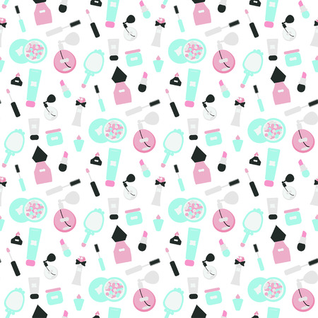 Seamless vector pattern with cosmetic products in mint and pink colors, perfect idea for girly wrapping paper, invitations, greeting cards, etc.のイラスト素材