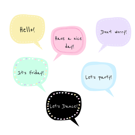 Set of 7 vector speech bubbles with phrases, perfect for bullet journal stickers, scrapbooking, etc.のイラスト素材
