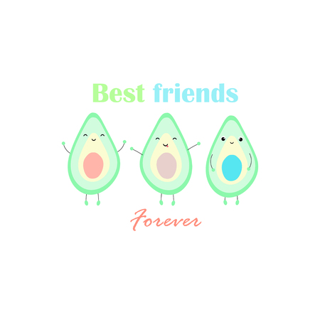 Vector vegan illustration with cute kawaii avocado slices and text ''Best friends forever''. Simple cartoon style. Perfect for greeting cards.のイラスト素材
