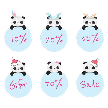 Set of 6 vector sale badges with kawaii panda bears and discounts. Simple flat style. Perfect for tags, stickers, etc.のイラスト素材