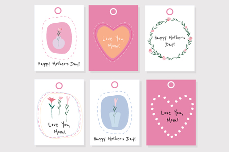 Set of 6 vector Mother's day gift tags with hearts, flowers and words.のイラスト素材