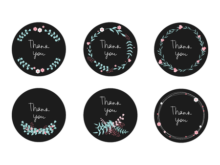 Set of 6 vector thank you circle tags with flowers and wreaths on black background. Use for stickers, tags, etc.のイラスト素材