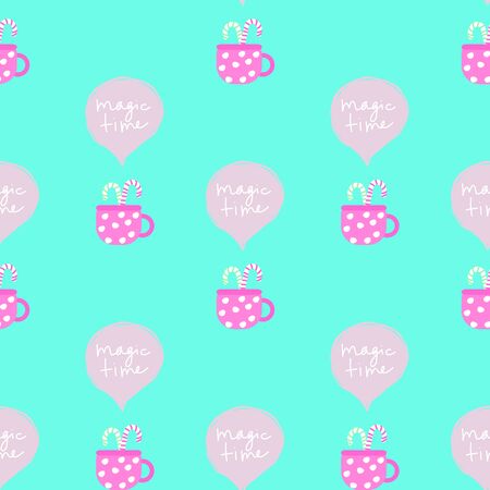 Seamless vector pattern with christmas inspired hot drink, sweets and phrase ''magic time''. Suitable for wrapping paper, backgrounds, invitations, etc. のイラスト素材