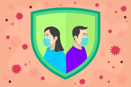 Corona Virus, Corona Virus Disease COVID-19, Novel Coronavirus 2019-nCoV. Illustration concept coronavirus. Men and women use masks to prevent corona virus. Illustrated in a shield.のイラスト素材