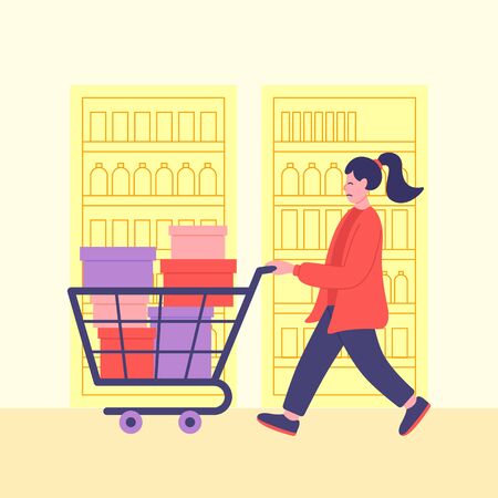 Coronavirus panic shopping. Coronavirus panic buying. Woman who ran away with a full shopping cart bought all the necessities she could get at the supermarket. Panic buying illustration.のイラスト素材