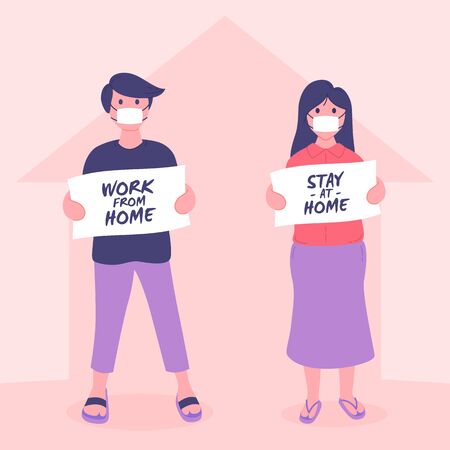 Stay at home awareness social media campaign and coronavirus prevention. Campaign to stay at home and work from home. People wearing face masks and holding boards.のイラスト素材