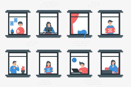 Stay home concept. Isolation of people during the COVID-19 pandemic. House facade with windows. People look out of apartment. Self isolation, quarantine due to coronavirus.のイラスト素材