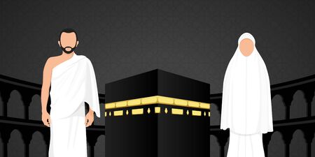 Hajj Mabrour background with Kaaba, men and women wearing ihram cloth. Luxury Islamic background with male and female pilgrimage characters.のイラスト素材