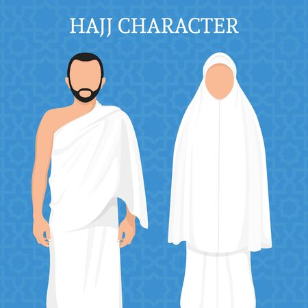 Man and woman pilgrimage characters. Men and women wearing ihram cloth. Flat design hajj characters.のイラスト素材