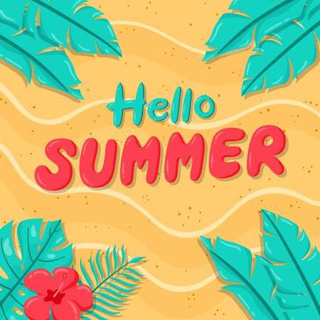 Hand drawn hello summer background. Summer background with tropical leaves and flowers on the beach sand.のイラスト素材