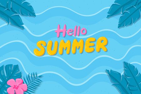 Hand drawn hello summer background. Summer background with tropical leaves and flowers on the beach.のイラスト素材