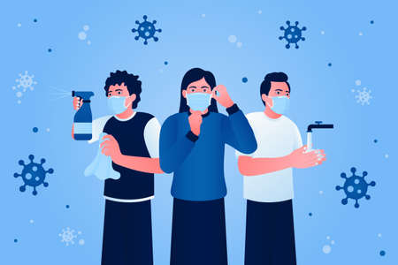 New normal life. Concept of people fighting corona virus. Group of people wash their hands wear protective masks and disinfect.のイラスト素材