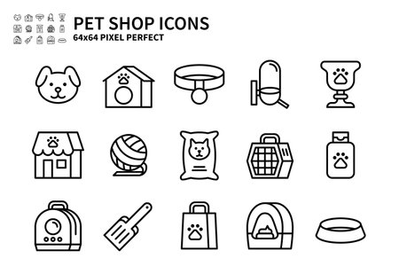 Simple Set of Pet Shop Vector Line Filled Color Icons. Contains icons like Dog head, Pet trophy, Pet shampoo, Pet leashes and more. 64x64 Pixel Perfect.のイラスト素材