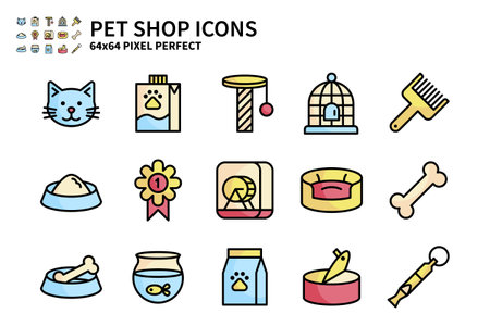 Simple Set of Pet Shop Vector Line Filled Color Icons. Contains icons like Cat head, Pet milk, Bird cage, Pet food and more. 64x64 Pixel Perfect.のイラスト素材