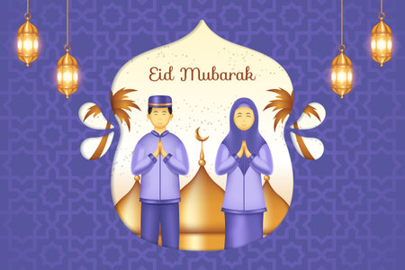 Lovely Eid mubarak background with muslim man and woman praying. Islamic background suitable for...