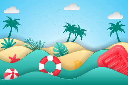 Beautiful Summer background in paper cut style with pool floats, beach balls and tropical plants. Beach background suitable for Summer.のイラスト素材