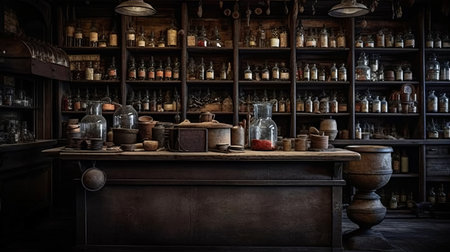 Old pharmacy with bottles and jars. 3d rendering. Vintage style.の素材