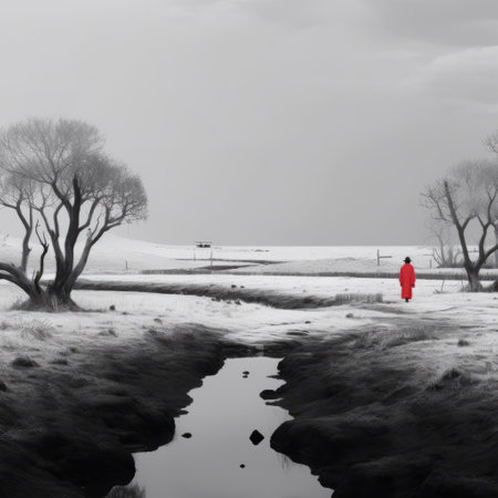 A woman in a red raincoat standing in a small stream.の素材