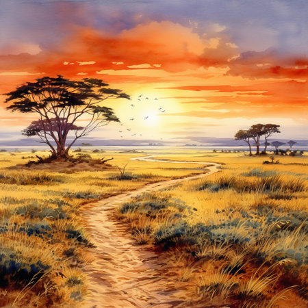 African savannah landscape with a path leading to the sunset. Digital paintingの素材