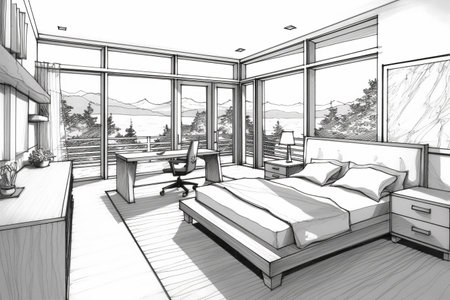 3d rendering of a bedroom and living room with a view of the mountainsの素材