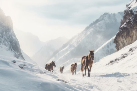 Horses in the mountains in winter. Beautiful landscape with horses. Generative AIの素材